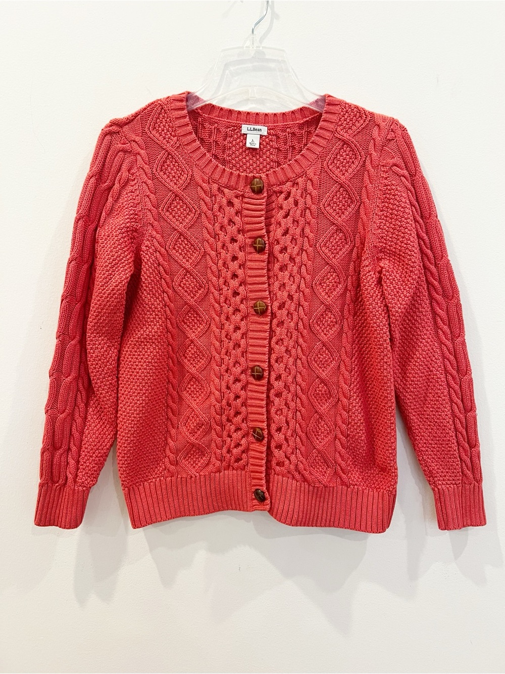 LL Bean Cardigan Womens Large Petite Coral Cotton Cable Knit Wood Button Front